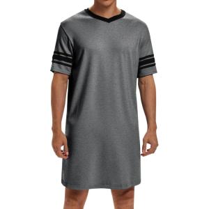 Runcati Mens Nightshirt Short Sleeve V Neck Sleep Shirt Soft Loose Fit Lounge Nightwear Sleepwear Pajama(Dark Grey)