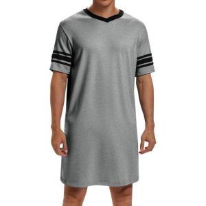 Runcati Mens Nightshirt Short Sleeve V Neck Sleep Shirt Soft Loose Fit Lounge Nightwear Sleepwear Pajama(Grey)