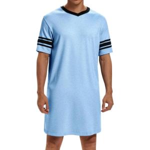 Runcati Mens Nightshirt Short Sleeve V Neck Sleep Shirt Soft Loose Fit Lounge Nightwear Sleepwear Pajama(Sky Blue)