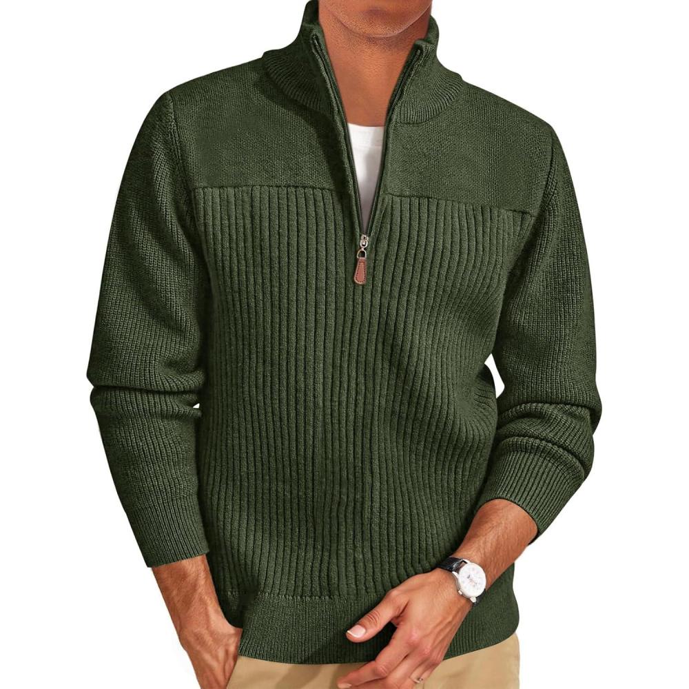 imageRuncati Mens Quarter Zip Sweater Mock Neck Pullover Ribbed Knit Casual Lightweight Polo SweatersArmy Green