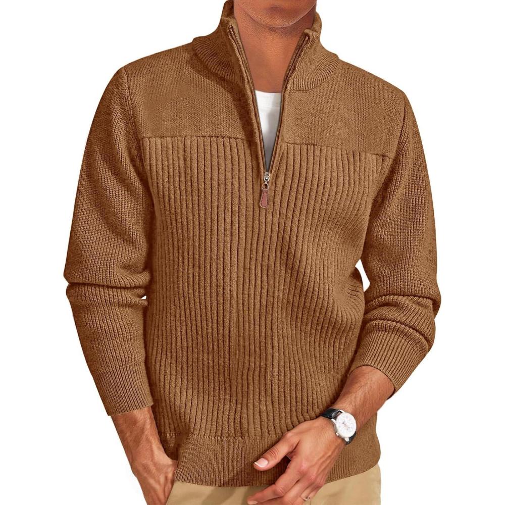 imageRuncati Mens Quarter Zip Sweater Mock Neck Pullover Ribbed Knit Casual Lightweight Polo SweatersBrown