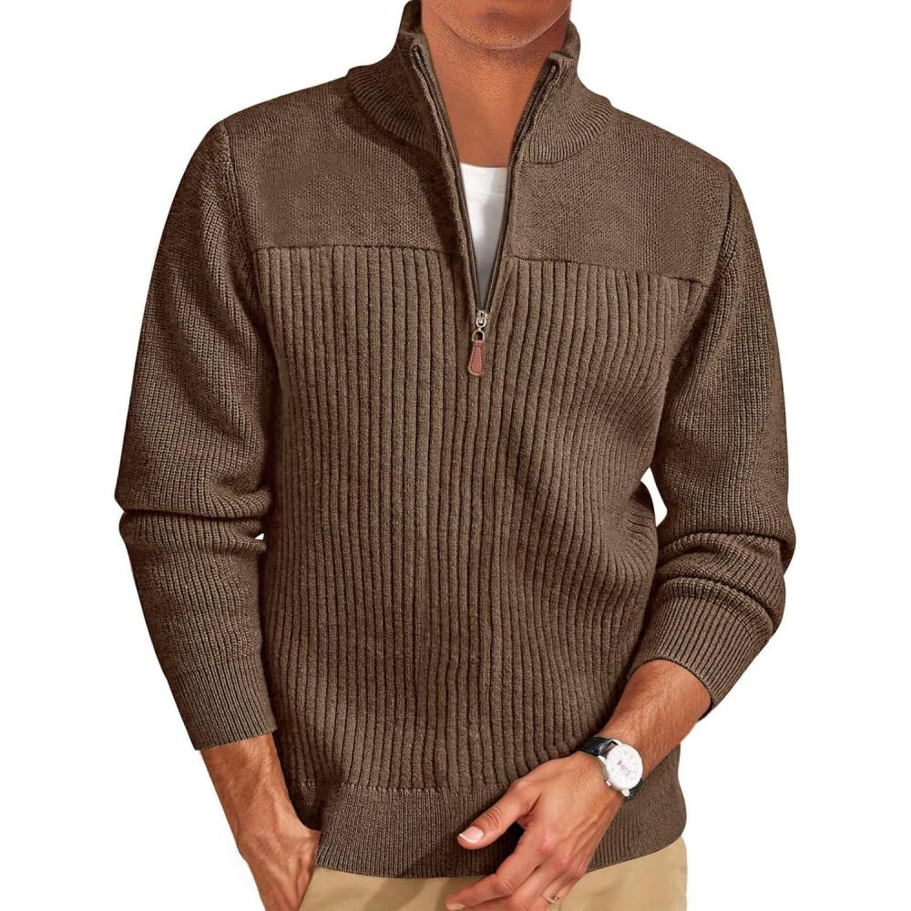 imageRuncati Mens Quarter Zip Sweater Mock Neck Pullover Ribbed Knit Casual Lightweight Polo SweatersCoffee