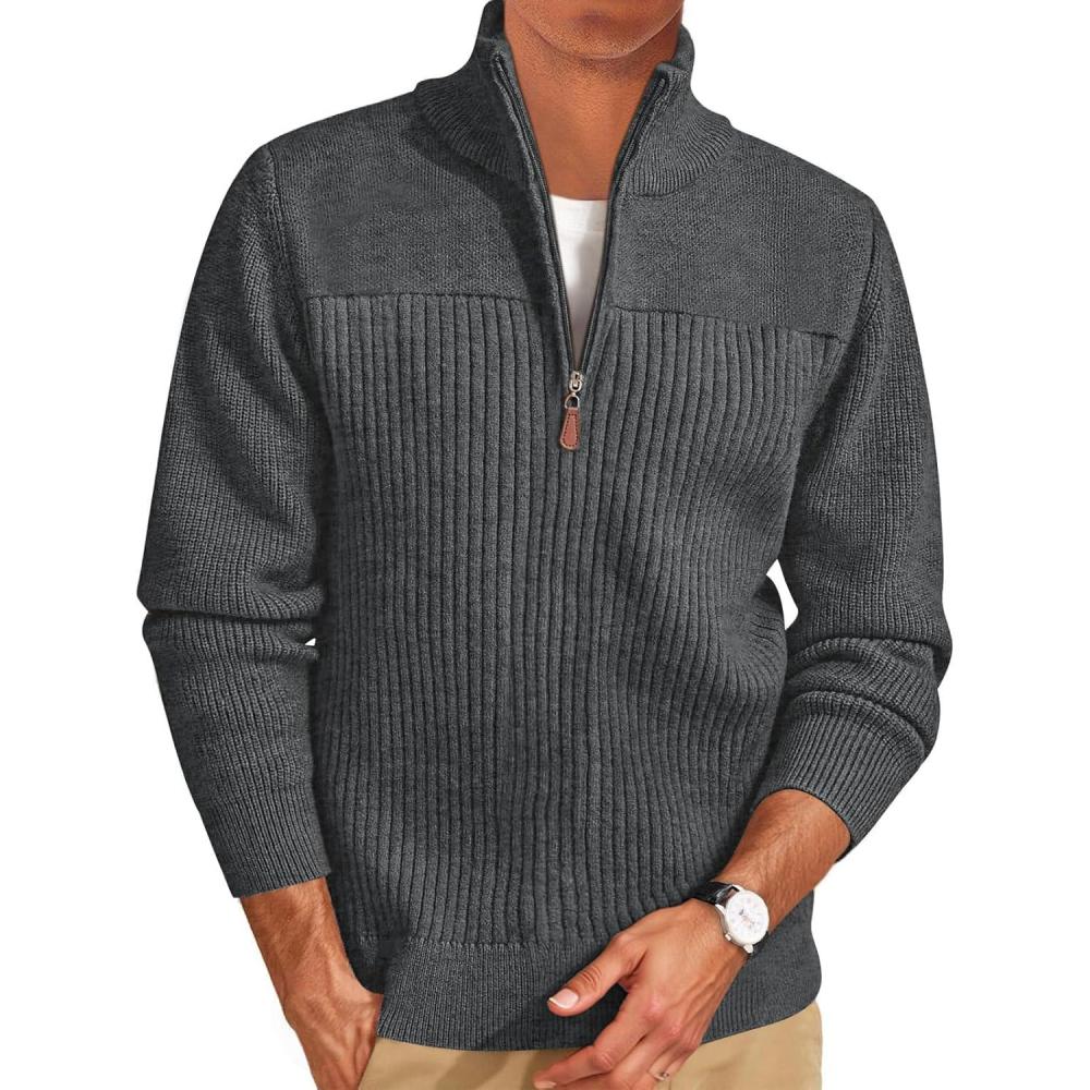 imageRuncati Mens Quarter Zip Sweater Mock Neck Pullover Ribbed Knit Casual Lightweight Polo SweatersDark Grey