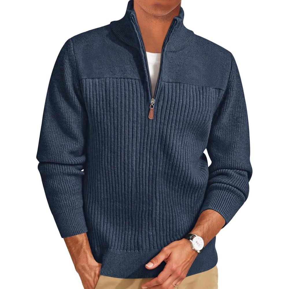imageRuncati Mens Quarter Zip Sweater Mock Neck Pullover Ribbed Knit Casual Lightweight Polo SweatersNavy