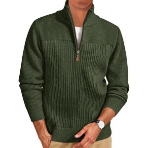 Runcati Mens Quarter Zip Sweater Mock Neck Pullover Ribbed Knit Casual Lightweight Polo Sweaters(Army Green)