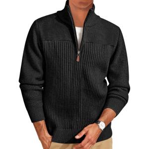 Runcati Mens Quarter Zip Sweater Mock Neck Pullover Ribbed Knit Casual Lightweight Polo Sweaters(Black)