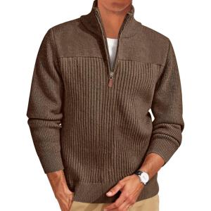Runcati Mens Quarter Zip Sweater Mock Neck Pullover Ribbed Knit Casual Lightweight Polo Sweaters(Coffee)