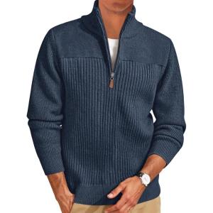 Runcati Mens Quarter Zip Sweater Mock Neck Pullover Ribbed Knit Casual Lightweight Polo Sweaters(Navy)
