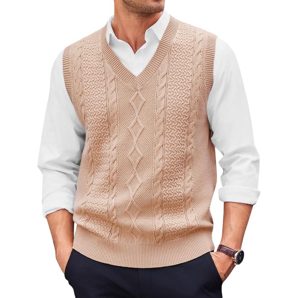 imageRuncati Mens V Neck Sweater Vest Casual Cable Knitted Pullover Knitwear Slim Fit Sleeveless SweatersKhaki