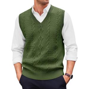 Runcati Mens V Neck Sweater Vest Casual Cable Knitted Pullover Knitwear Slim Fit Sleeveless Sweaters(Army Green)