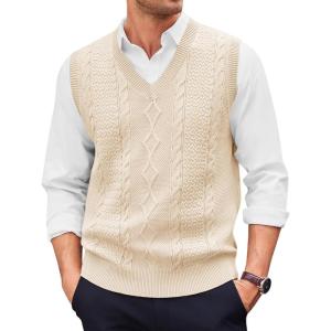 Runcati Mens V Neck Sweater Vest Casual Cable Knitted Pullover Knitwear Slim Fit Sleeveless Sweaters(Beige)
