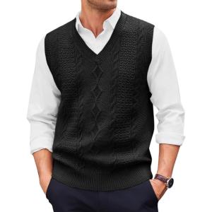Runcati Mens V Neck Sweater Vest Casual Cable Knitted Pullover Knitwear Slim Fit Sleeveless Sweaters(Black)