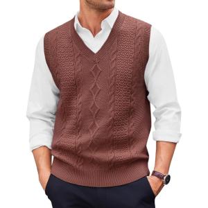Runcati Mens V Neck Sweater Vest Casual Cable Knitted Pullover Knitwear Slim Fit Sleeveless Sweaters(Coffee)