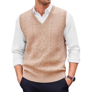 Runcati Mens V Neck Sweater Vest Casual Cable Knitted Pullover Knitwear Slim Fit Sleeveless Sweaters(Khaki)