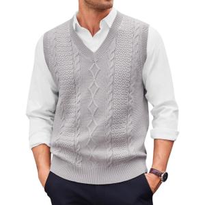 Runcati Mens V Neck Sweater Vest Casual Cable Knitted Pullover Knitwear Slim Fit Sleeveless Sweaters(Light Grey)