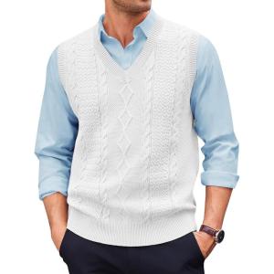 Runcati Mens V Neck Sweater Vest Casual Cable Knitted Pullover Knitwear Slim Fit Sleeveless Sweaters(White)