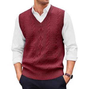 Runcati Mens V Neck Sweater Vest Casual Cable Knitted Pullover Knitwear Slim Fit Sleeveless Sweaters(Wine Red)