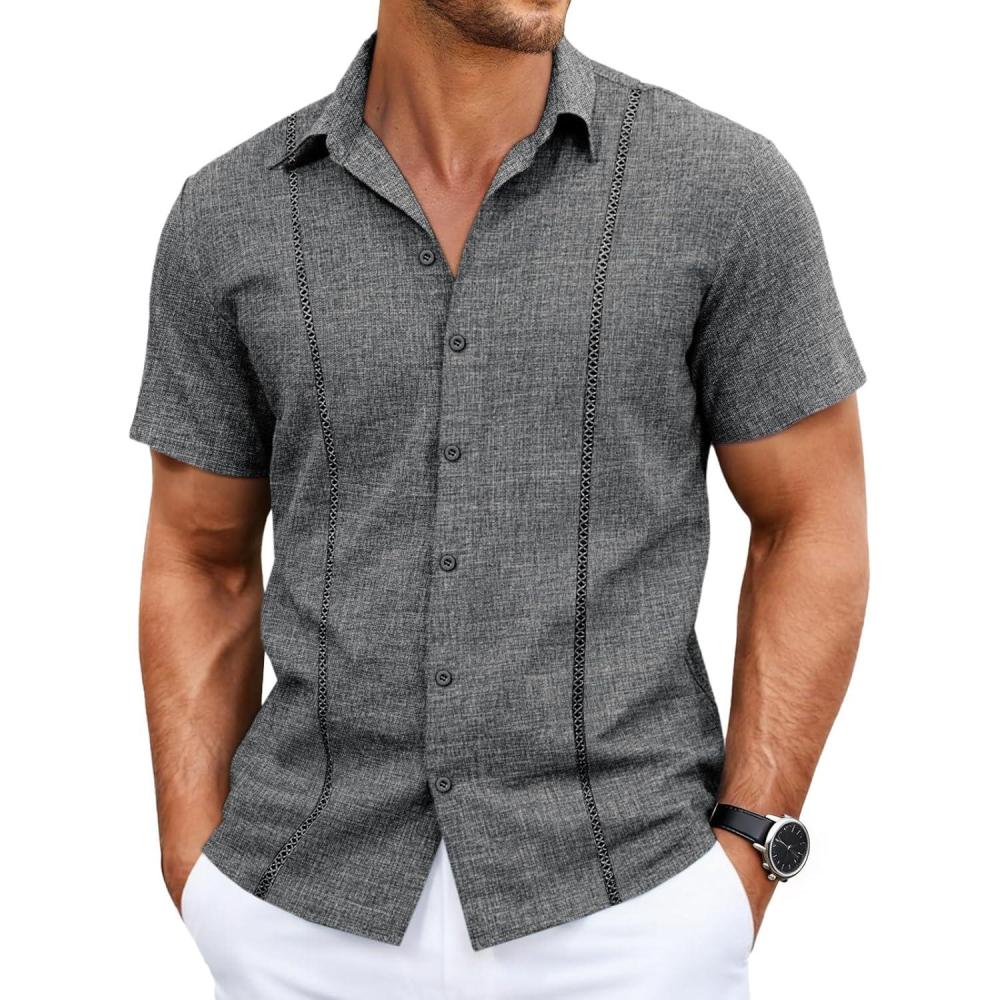 imageRuncati Mens Short Sleeve Guayabera Shirts Cuban Button Down Casual Shirt Summer Vacation Wedding Embroidered Linen TopsDark Gray