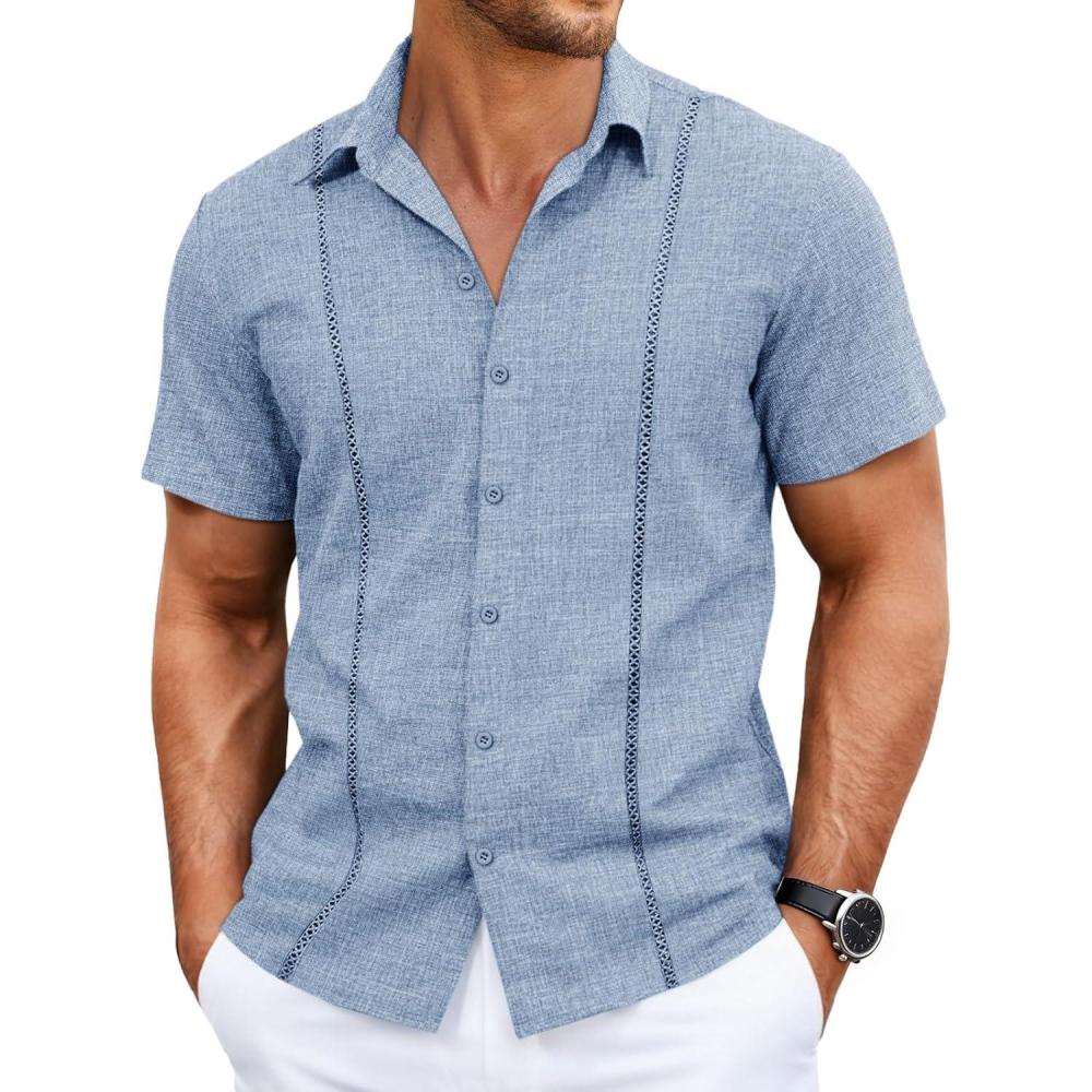 imageRuncati Mens Short Sleeve Guayabera Shirts Cuban Button Down Casual Shirt Summer Vacation Wedding Embroidered Linen TopsLight Blue