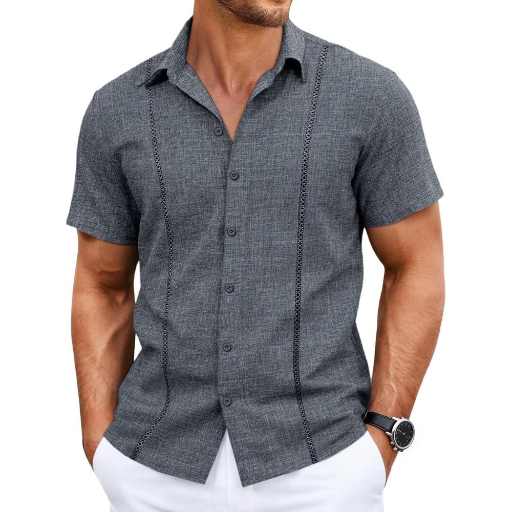 imageRuncati Mens Short Sleeve Guayabera Shirts Cuban Button Down Casual Shirt Summer Vacation Wedding Embroidered Linen TopsNavy