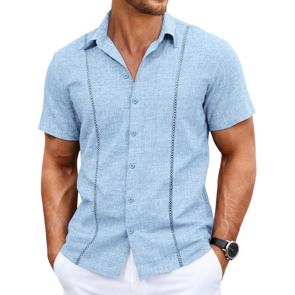 imageRuncati Mens Short Sleeve Guayabera Shirts Cuban Button Down Casual Shirt Summer Vacation Wedding Embroidered Linen TopsSky Blue