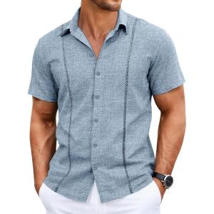 Runcati Mens Short Sleeve Guayabera Shirts Cuban Button Down Casual Shirt Summer Vacation Wedding Embroidered Linen Tops(Blue)