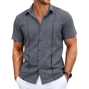 Runcati Mens Short Sleeve Guayabera Shirts Cuban Button Down Casual Shirt Summer Vacation Wedding Embroidered Linen Tops(Navy)