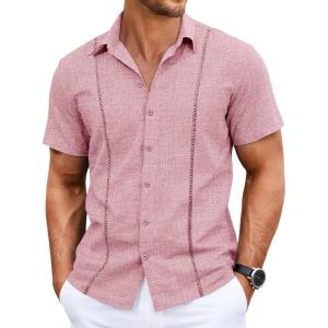 Runcati Mens Short Sleeve Guayabera Shirts Cuban Button Down Casual Shirt Summer Vacation Wedding Embroidered Linen Tops(Pink)