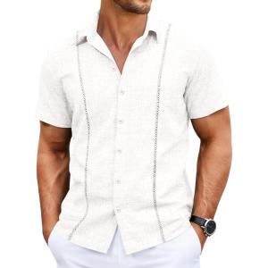 Runcati Mens Short Sleeve Guayabera Shirts Cuban Button Down Casual Shirt Summer Vacation Wedding Embroidered Linen Tops(White)