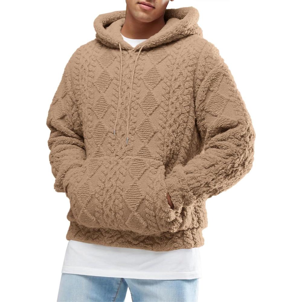 imageRuncati Mens Fuzzy Sherpa Hoodie Pullover Sweatshirts Long Sleeve Front Pocket Fall Winter Hooded Textured OutwearBrown