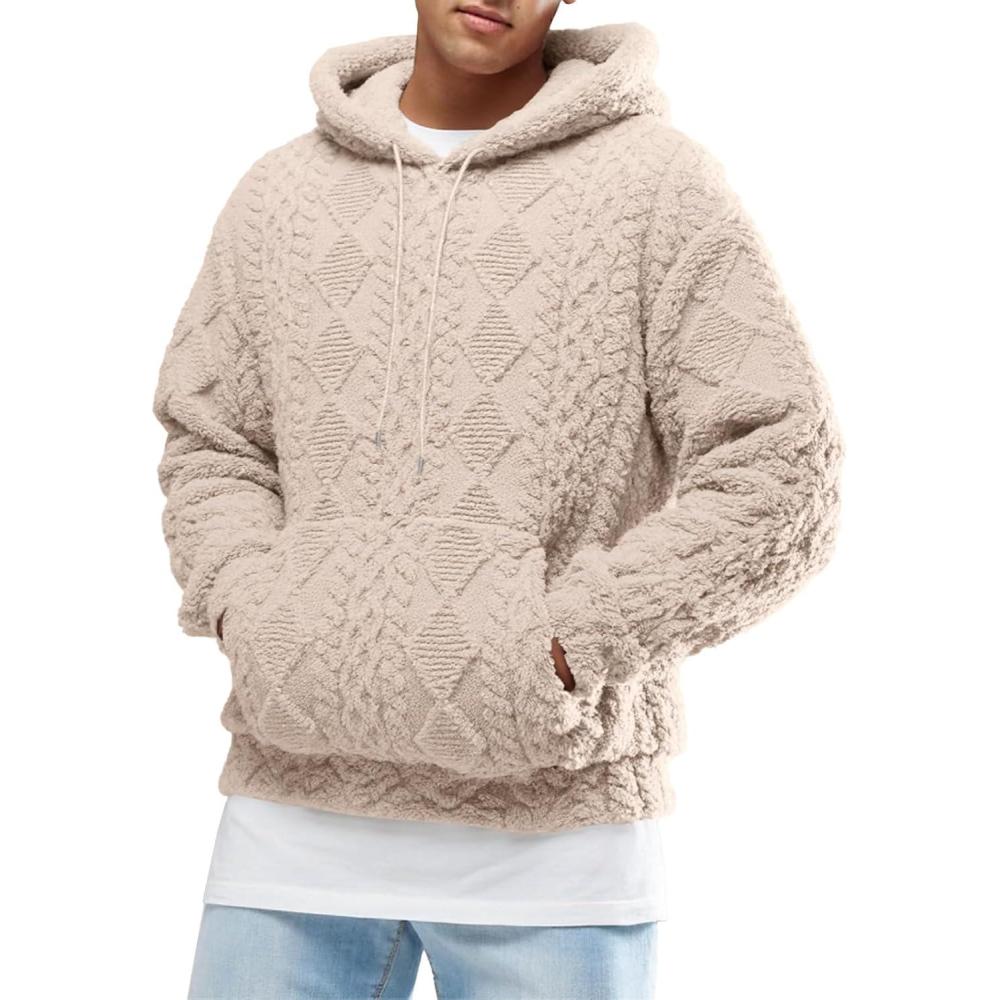 imageRuncati Mens Fuzzy Sherpa Hoodie Pullover Sweatshirts Long Sleeve Front Pocket Fall Winter Hooded Textured OutwearKhaki