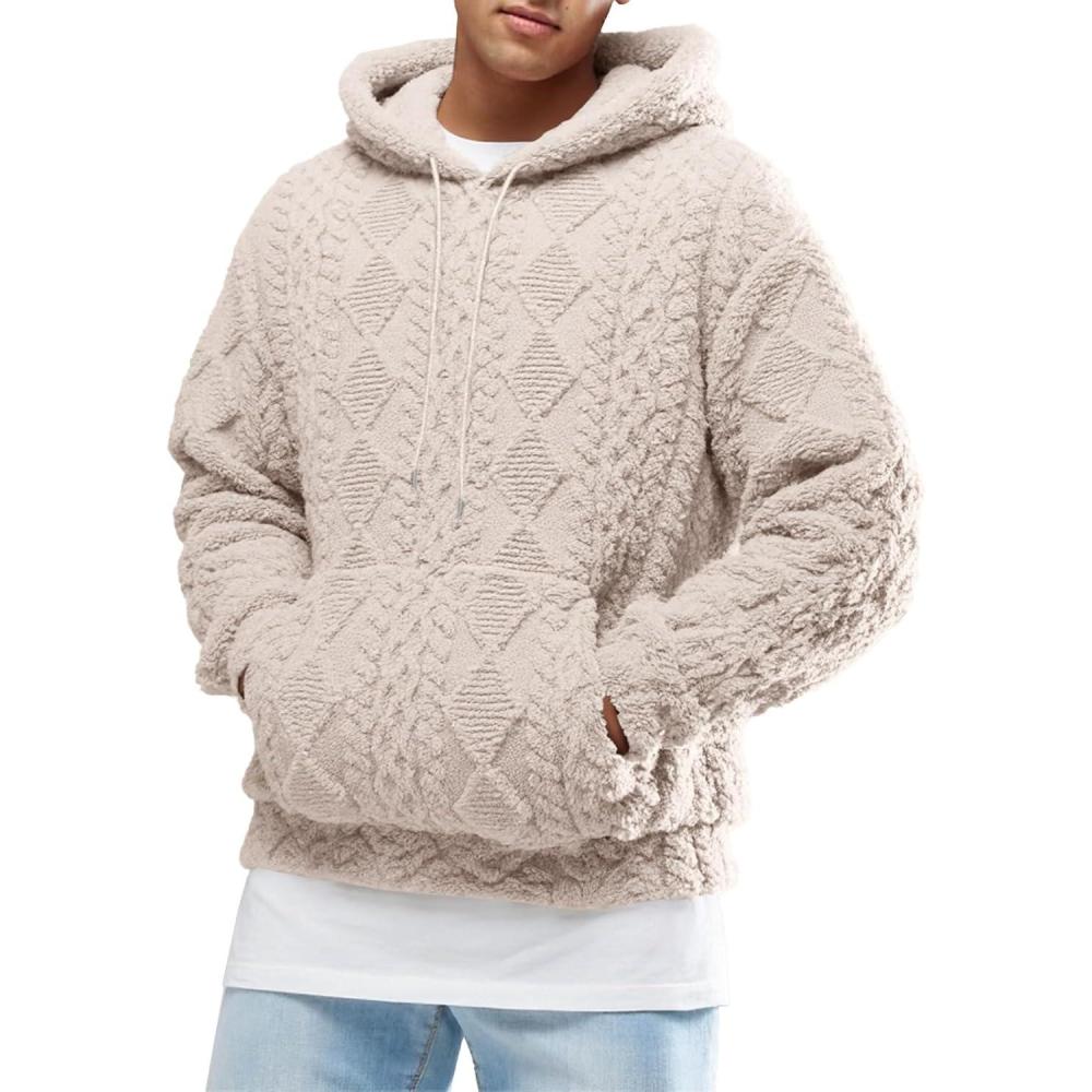 imageRuncati Mens Fuzzy Sherpa Hoodie Pullover Sweatshirts Long Sleeve Front Pocket Fall Winter Hooded Textured OutwearLight Khaki