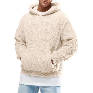 Runcati Mens Fuzzy Sherpa Hoodie Pullover Sweatshirts Long Sleeve Front Pocket Fall Winter Hooded Textured Outwear(Apricot)