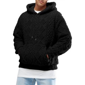 Runcati Mens Fuzzy Sherpa Hoodie Pullover Sweatshirts Long Sleeve Front Pocket Fall Winter Hooded Textured Outwear(Black)