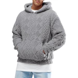 Runcati Mens Fuzzy Sherpa Hoodie Pullover Sweatshirts Long Sleeve Front Pocket Fall Winter Hooded Textured Outwear(Grey)