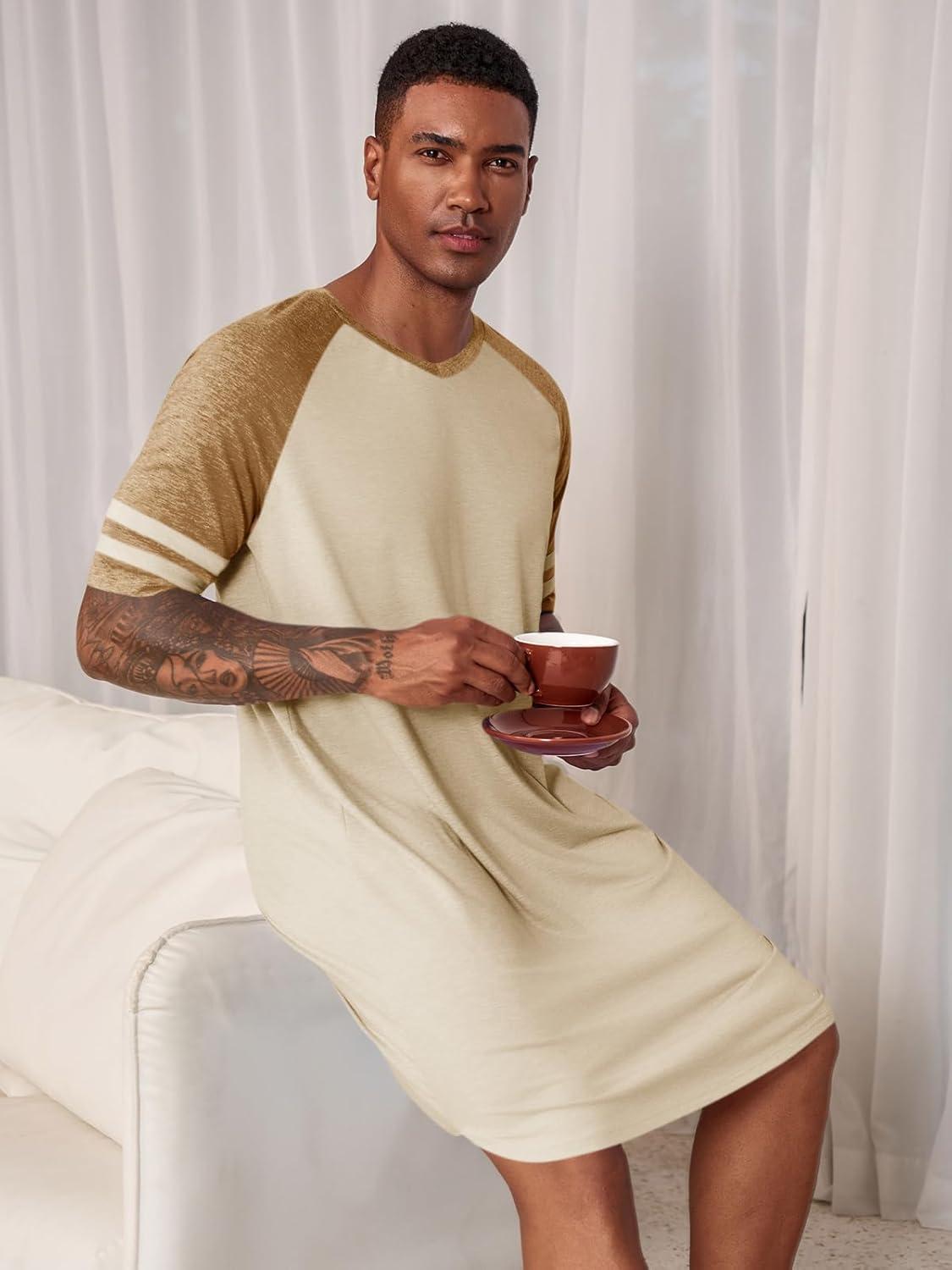 imageRuncati Mens Nightshirt Short Sleeve V Neck Nightgown Color Block Loose Fit Comfy Lounge Pajama SleepwearApricot