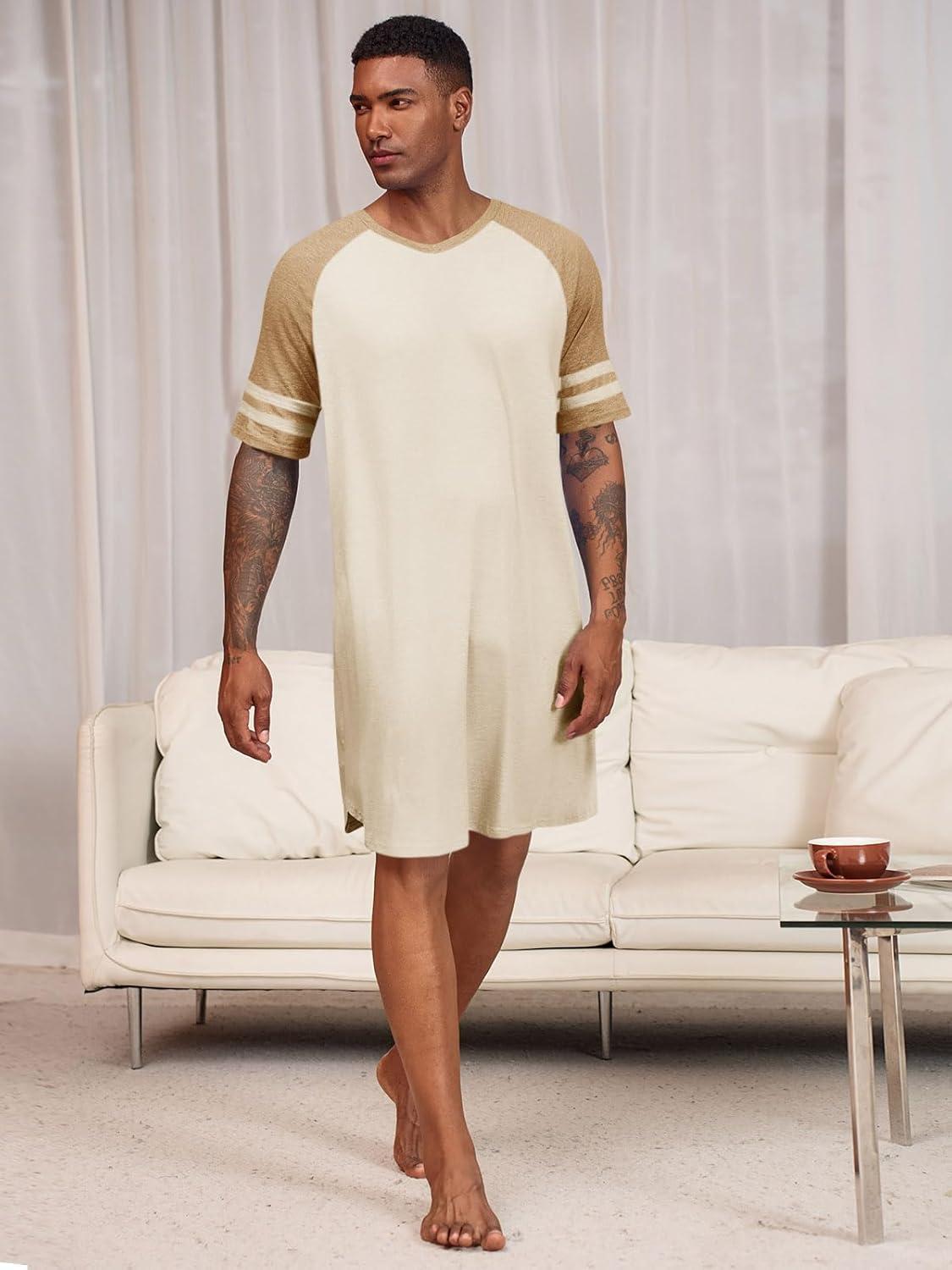imageRuncati Mens Nightshirt Short Sleeve V Neck Nightgown Color Block Loose Fit Comfy Lounge Pajama SleepwearApricot