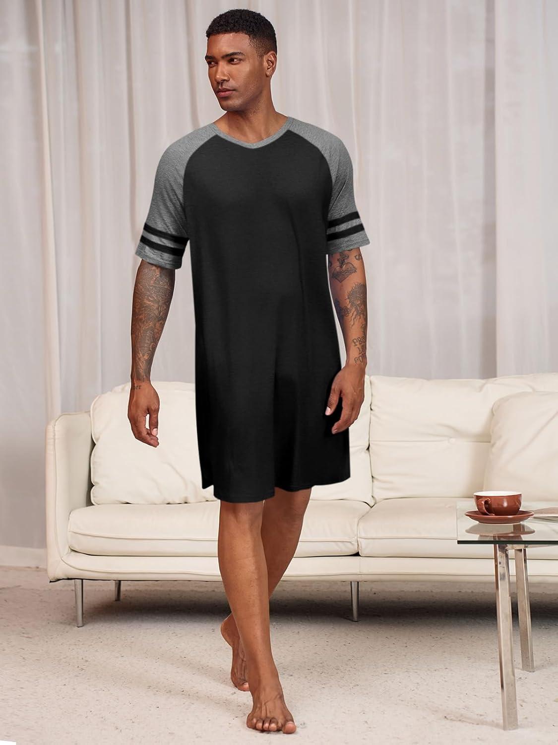 imageRuncati Mens Nightshirt Short Sleeve V Neck Nightgown Color Block Loose Fit Comfy Lounge Pajama SleepwearBlack