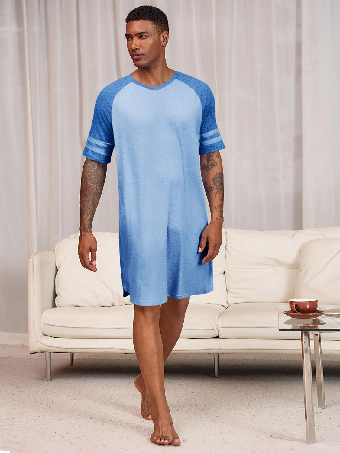 imageRuncati Mens Nightshirt Short Sleeve V Neck Nightgown Color Block Loose Fit Comfy Lounge Pajama SleepwearBlue