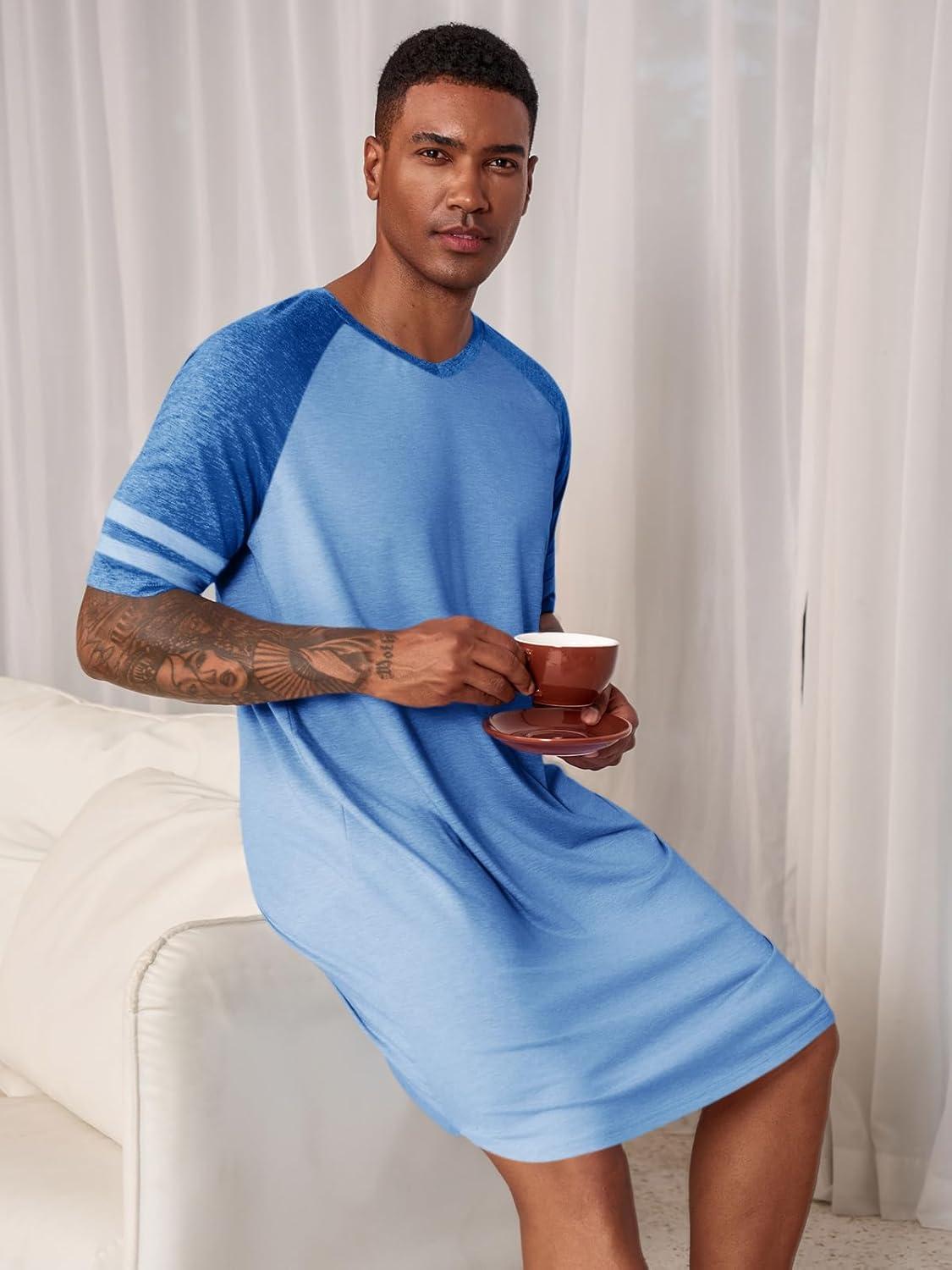 imageRuncati Mens Nightshirt Short Sleeve V Neck Nightgown Color Block Loose Fit Comfy Lounge Pajama SleepwearBlue
