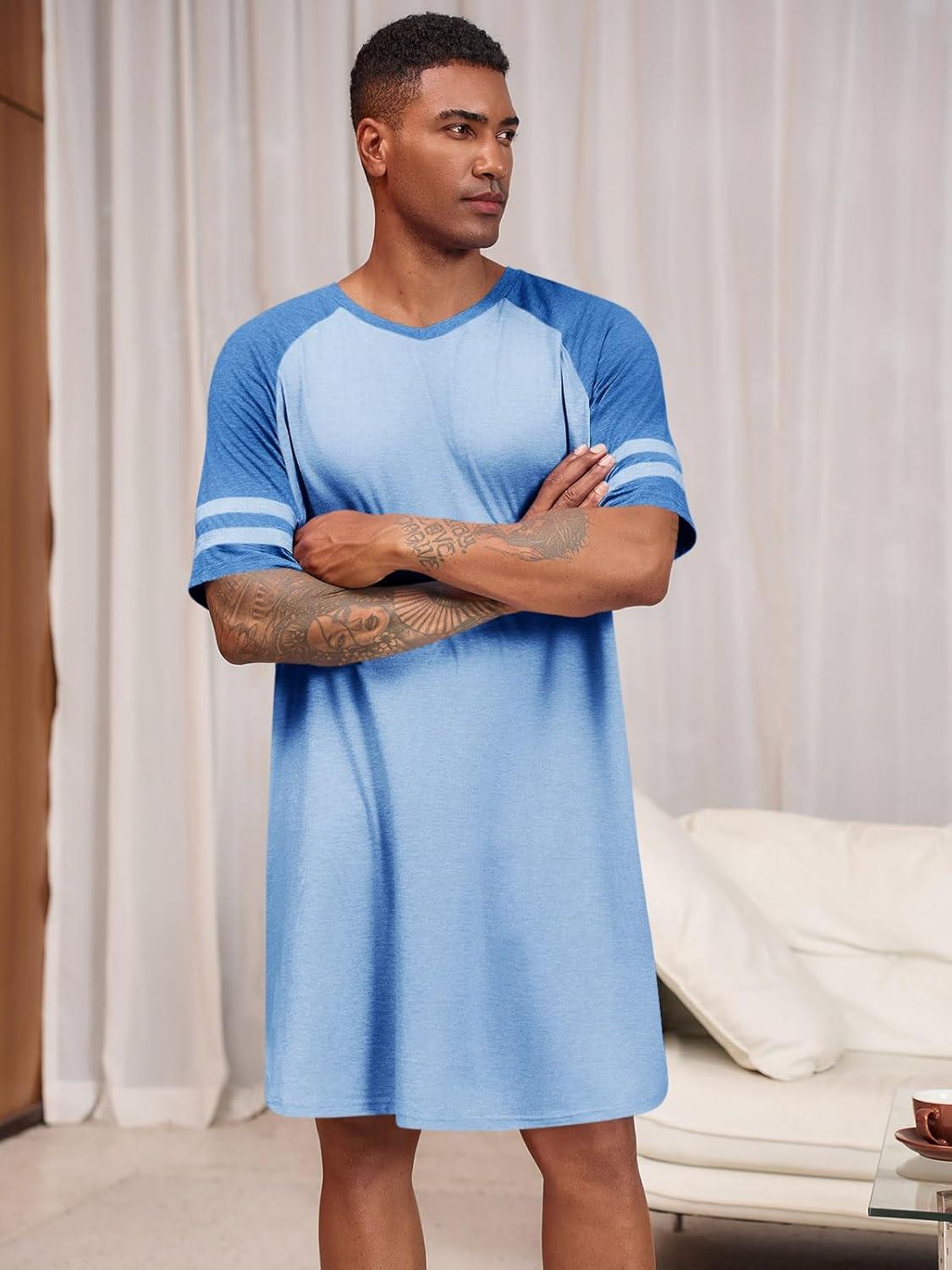 imageRuncati Mens Nightshirt Short Sleeve V Neck Nightgown Color Block Loose Fit Comfy Lounge Pajama SleepwearBlue