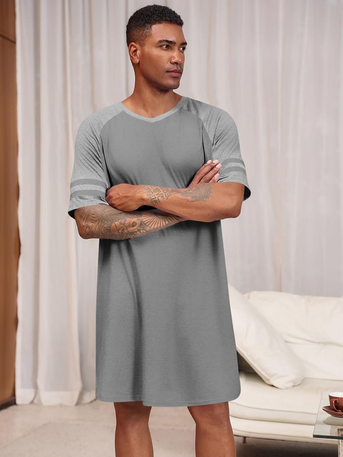 imageRuncati Mens Nightshirt Short Sleeve V Neck Nightgown Color Block Loose Fit Comfy Lounge Pajama SleepwearDark Grey