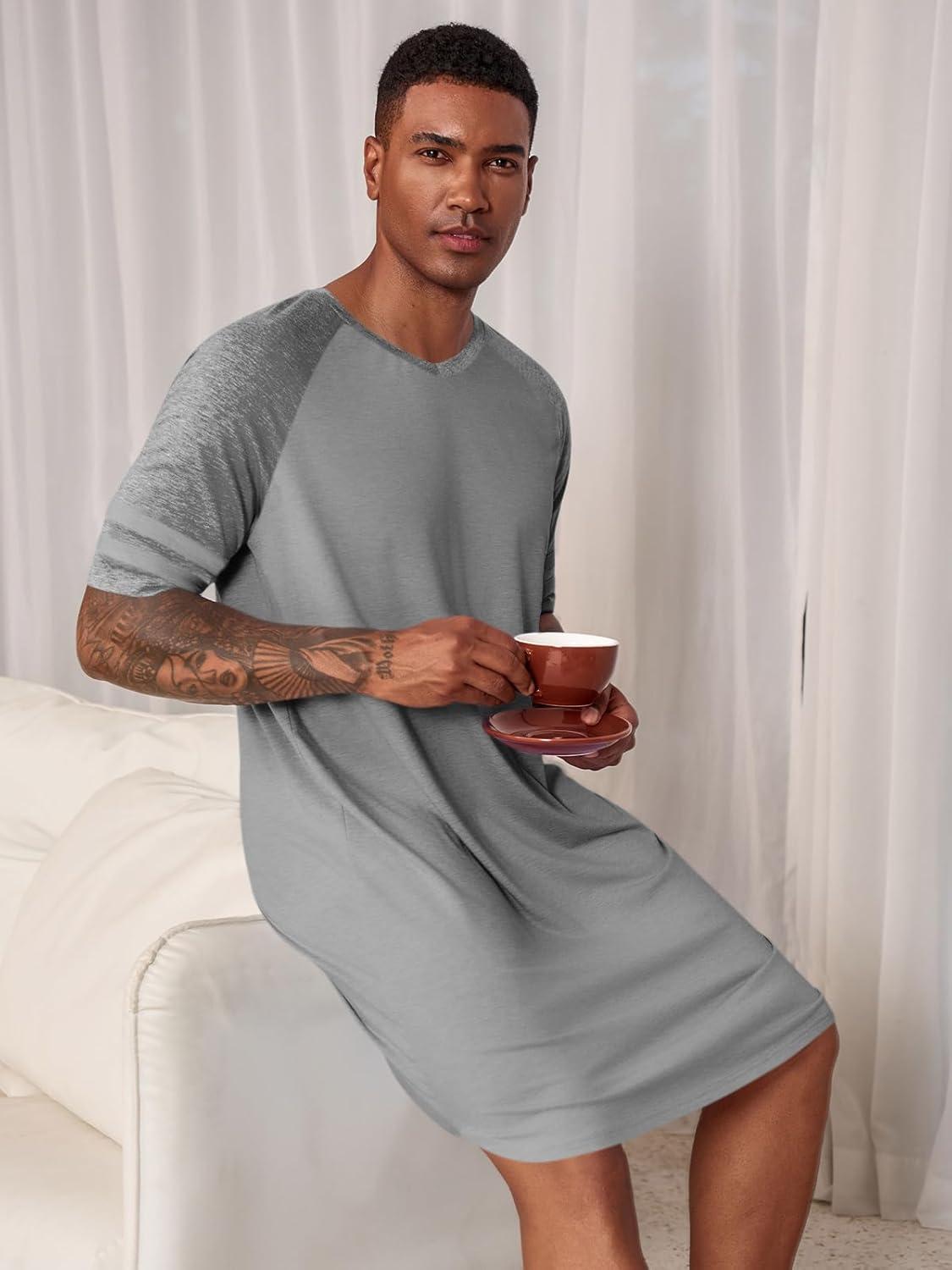 imageRuncati Mens Nightshirt Short Sleeve V Neck Nightgown Color Block Loose Fit Comfy Lounge Pajama SleepwearDark Grey