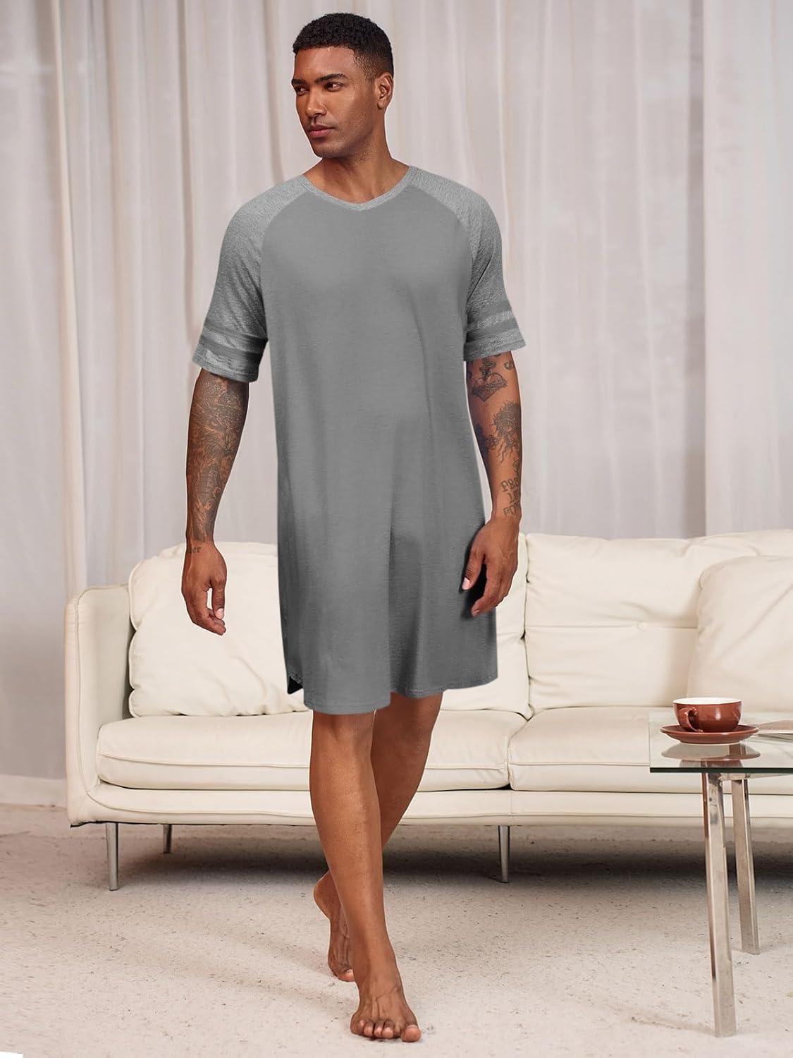 imageRuncati Mens Nightshirt Short Sleeve V Neck Nightgown Color Block Loose Fit Comfy Lounge Pajama SleepwearDark Grey