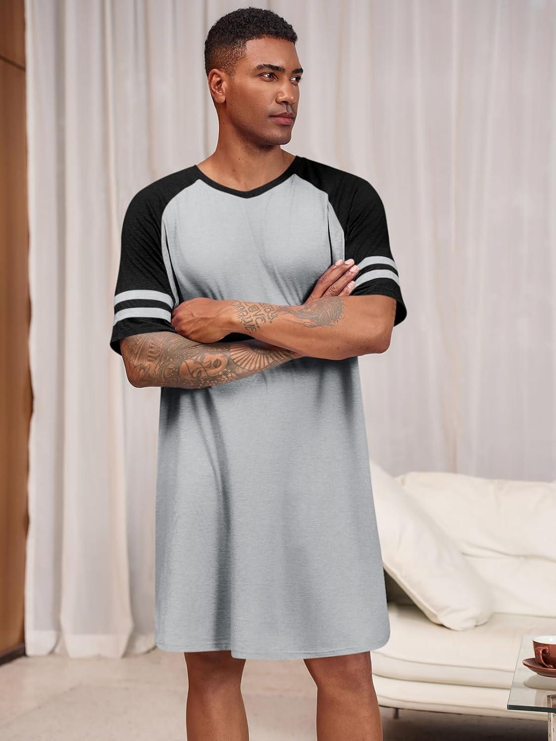imageRuncati Mens Nightshirt Short Sleeve V Neck Nightgown Color Block Loose Fit Comfy Lounge Pajama SleepwearGrey