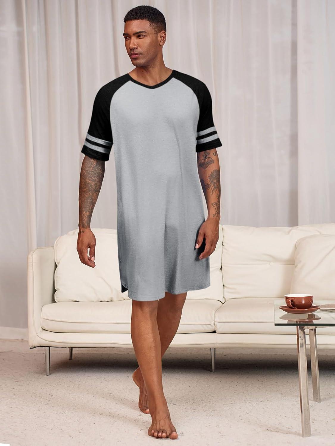 imageRuncati Mens Nightshirt Short Sleeve V Neck Nightgown Color Block Loose Fit Comfy Lounge Pajama SleepwearGrey