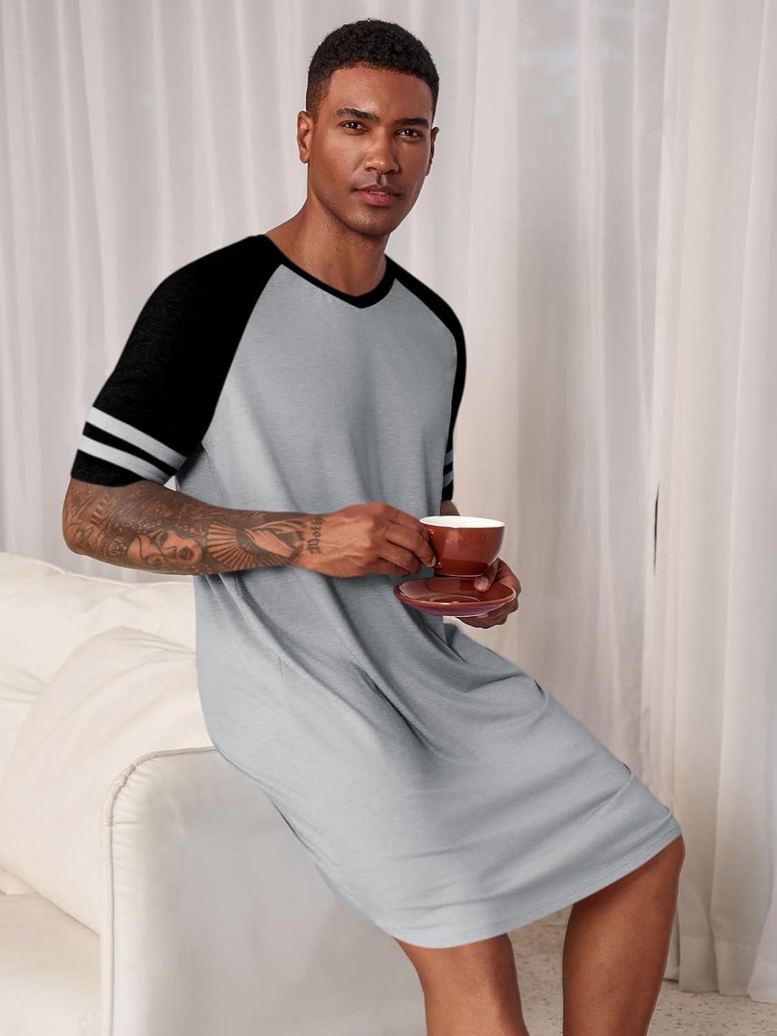 imageRuncati Mens Nightshirt Short Sleeve V Neck Nightgown Color Block Loose Fit Comfy Lounge Pajama SleepwearGrey