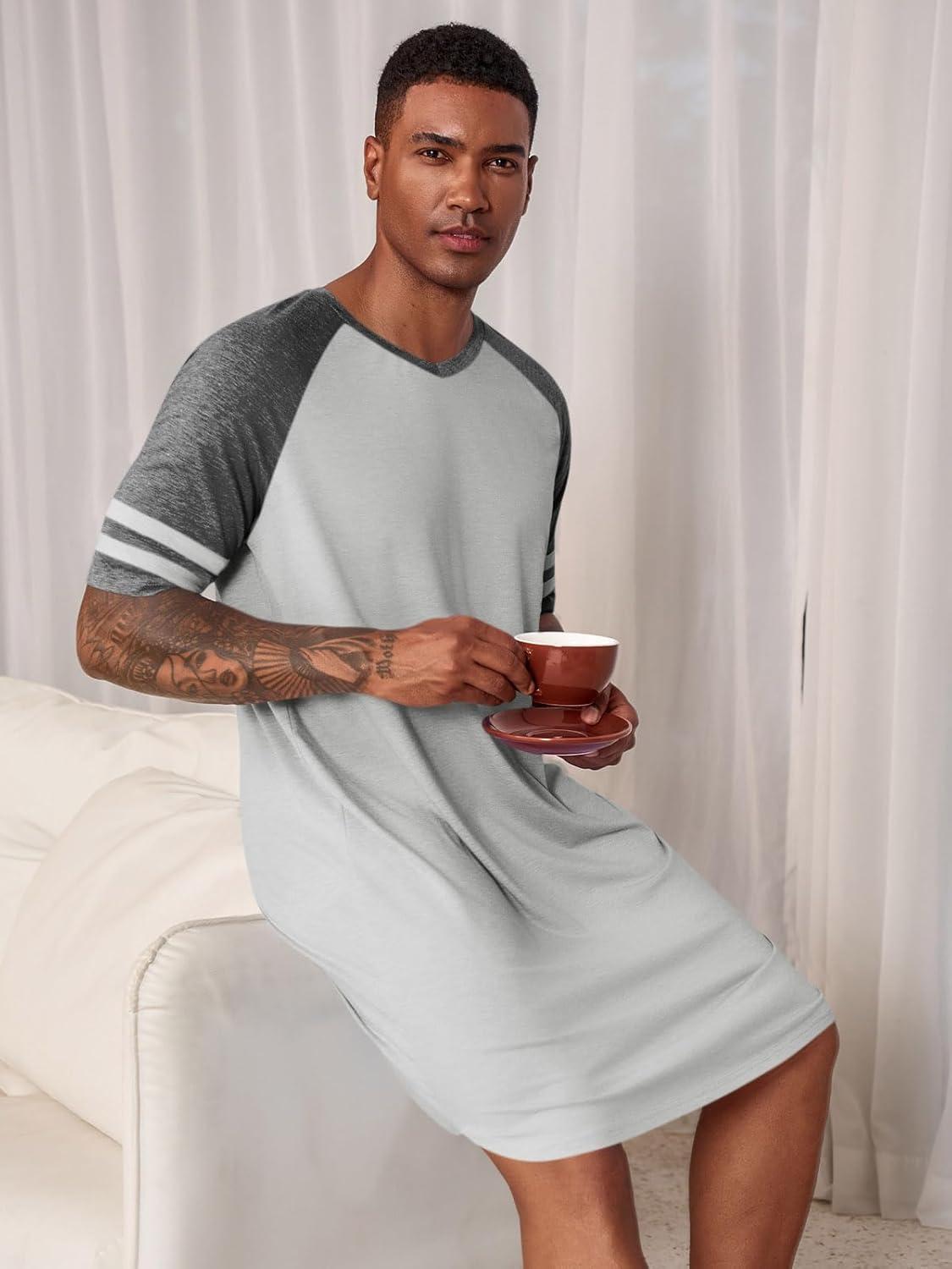 imageRuncati Mens Nightshirt Short Sleeve V Neck Nightgown Color Block Loose Fit Comfy Lounge Pajama SleepwearLight Grey