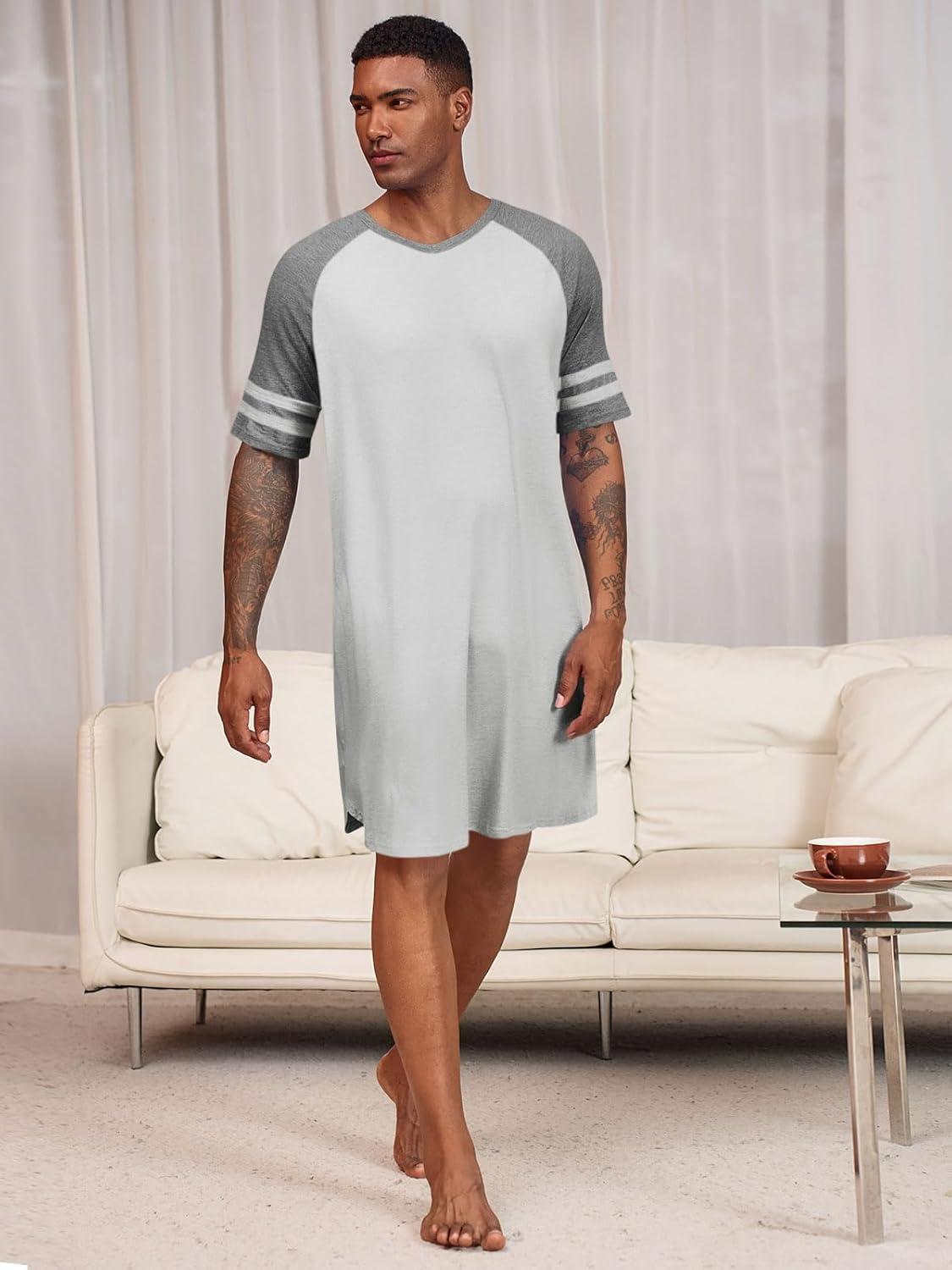imageRuncati Mens Nightshirt Short Sleeve V Neck Nightgown Color Block Loose Fit Comfy Lounge Pajama SleepwearLight Grey