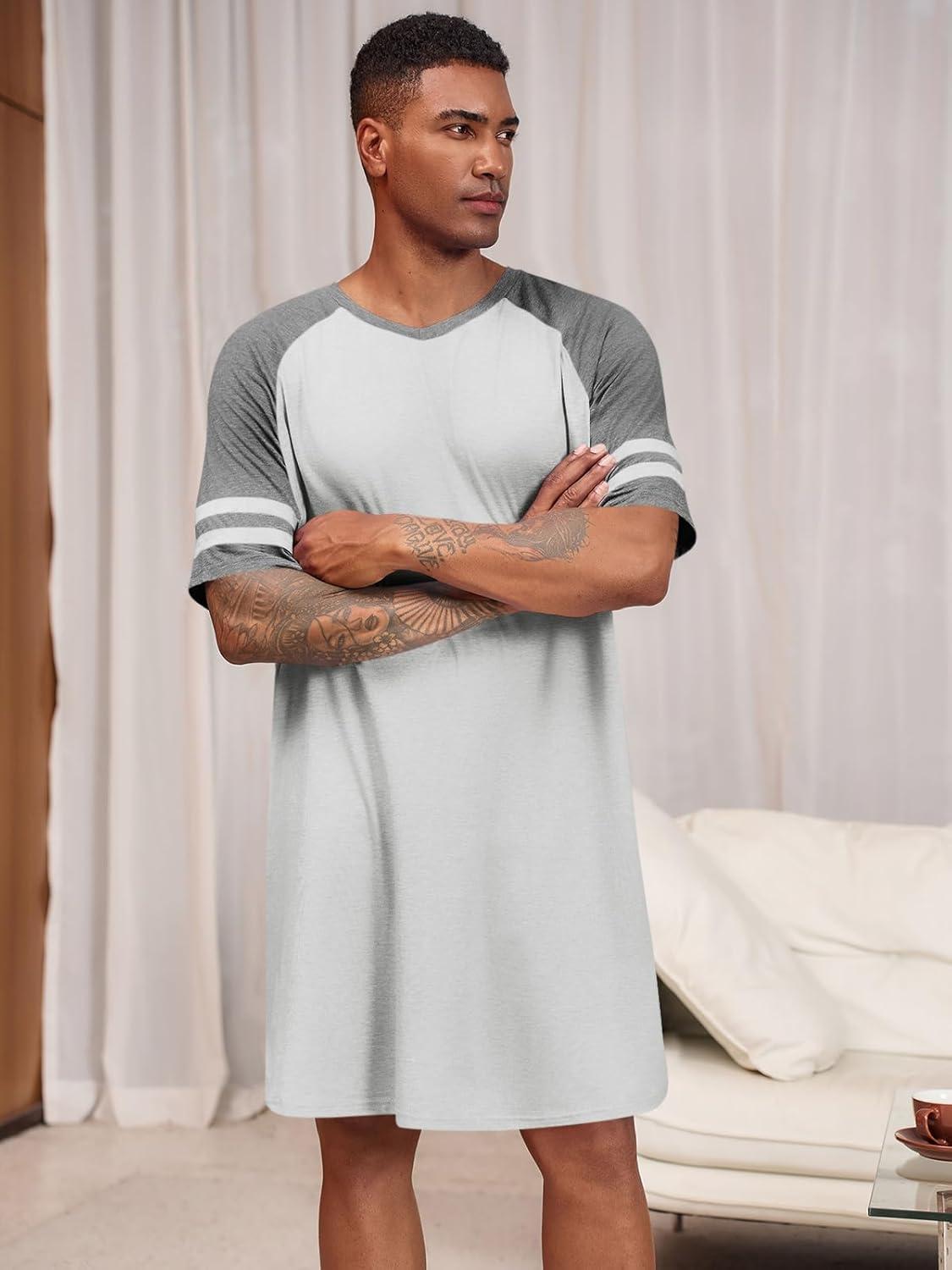 imageRuncati Mens Nightshirt Short Sleeve V Neck Nightgown Color Block Loose Fit Comfy Lounge Pajama SleepwearLight Grey